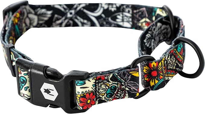 Wolfgang Heavy Duty Martingale Dog Collar with Quick Release Nylon Buckle for Walking & Training, LosMuertos Print, Medium