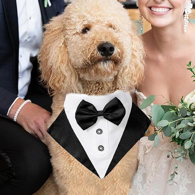 Tuxedo Costume Black Wedding Bandana Nylon Collar Suit With Bow Tie Adjustable Tux Formal Clothes for Small Medium Large Dogs Pet Halloween Birthday Christmas Dress Outfits