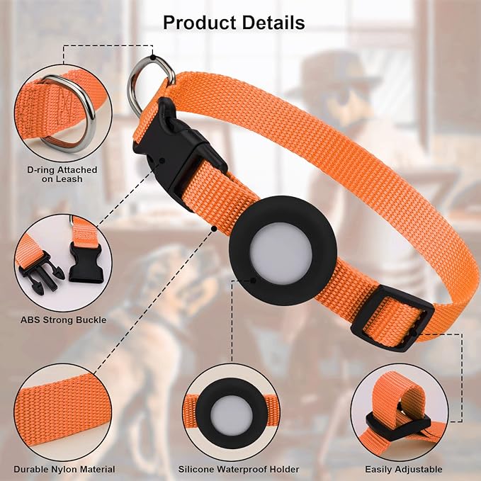 Compatible with Airtag Dog Collar, Adjustable Air Tag Dog Collar with Durable Quick Snap Buckle, Imitation Nylon Dog Collar with Waterproof Apple Airtag Holder for Small Dogs (S(6"-16"), Orange)