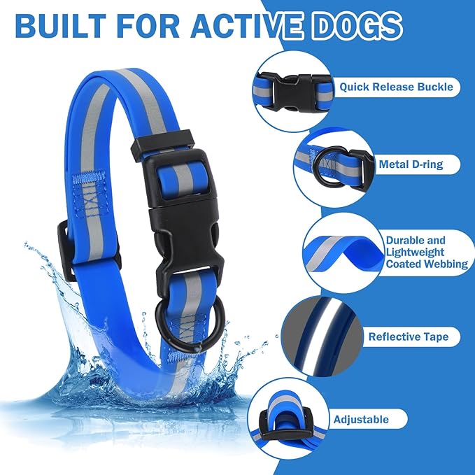 Waterproof Dog Collar, Soft Rubber with Safety Buckle - Adjustable Dog Collars for Large Small Medium Dogs Puppy, Heavy Duty Odor-Resistant Reflective Pet Collar, Blue M