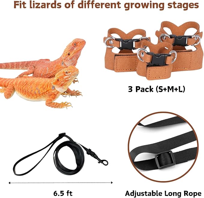 3 Pack Bearded Dragon Harness and Leash Set - Adjustable Soft Leather Lizard Harness Leash Small Animal Traction Rope Training Walking Vest Accessories for Reptile Squirrel Rat (Brown)