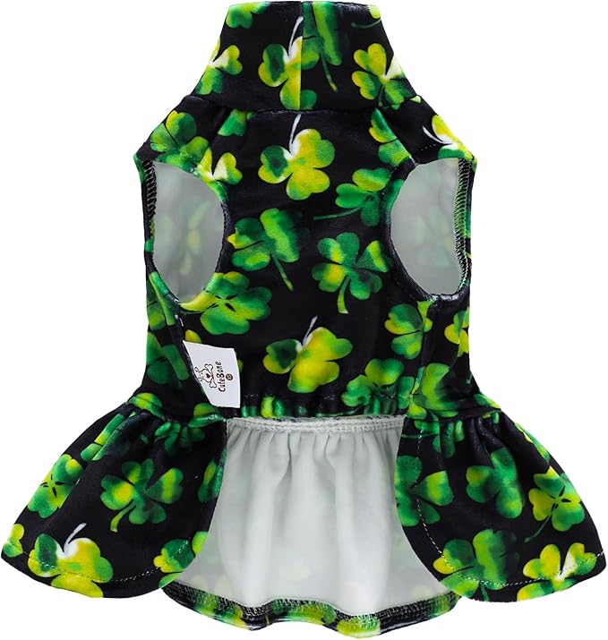 CuteBone Turtleneck Dog Velvet Dress St. Patrick's Day Four Leaf Clover Puppy Skirt Costume Pet Clothes Cat Apparel with Bow Hair Rope for Small Dogs CVD20XS