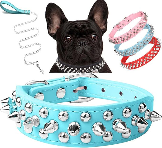 Spiked Dog Collar Soft Pu Leather Mushrooms Rivet Spike Studded Puppy Adjustable Pet Collars for Small Breeds (L, Light Blue Set)
