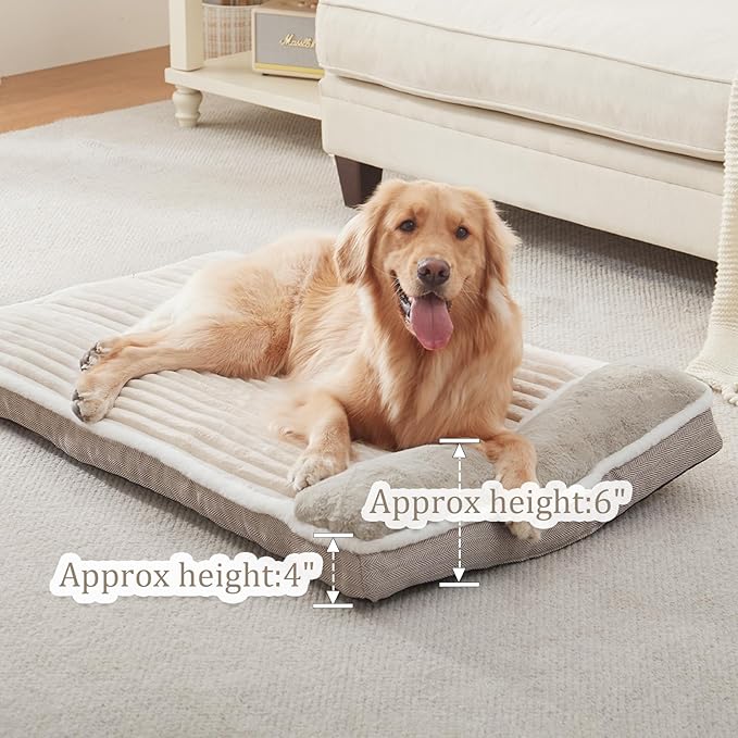Dog Bed for Large Dogs, Dog Mattress with Pillow for Crate Kennel, Sofa pet Bed, Super Soft pet Bed for Medium, Jumbo, Small Dogs Breeds (Beige, XX-Large:(46"x30"x4")