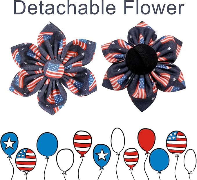 American Flag Dog Collar with Flower, 4th of July Comfortable Cotton Cute Dog Collar with Metal Buckle, Patriotic Flower Collar for Puppy Girl Boy Dog, XL