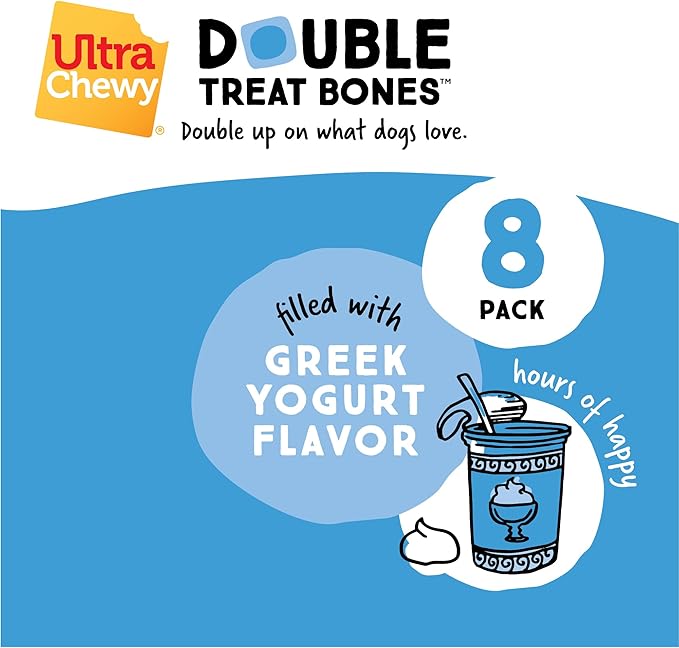 Ultra Chewy Double Treat Bones: Long-Lasting Dog Treats Made in USA for Large and Small Breeds, Highly Digestible, Ideal for Aggressive Chewers (Greek Yogurt, 2 Value Packs)