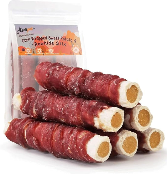 ASMPET Dog Treats for Medium Dogs, Duck Jerky Wrapped Rawhide Sweet Potato Dog Chews Long Lasting High Protein Low Fat Healthy Grain-Free Duck Jerky Dog Treats Large Breed Small Dogs(6pcs)