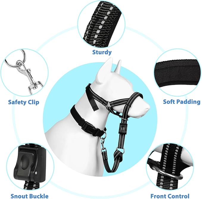 BARKLESS Soft Dog Head Collar, Patented Padded No Pull Head Halter, Training Nose Leash with Safety Link for Medium Large Dogs, Adjustable Muzzle Leash, Easy Control for Walking(Black, XL)