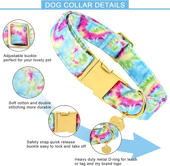 Tie Dye Summer Cotton Dog Collar with Metal Buckle Gift Collar for Small Medium Large Girls or Boys Dogs Cute Durable Comfortable Pet Collars