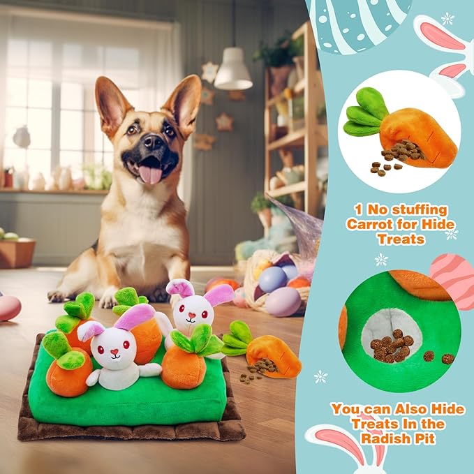 Easter Dog Toys, Hide and Seek Dog Toy, Squeaky Interactive Puzzle Dog Toys for Boredom and Stimulation, Easter Dog Gift for Small and Medium Dogs (Carrots & Rabbits, Pack of 7)