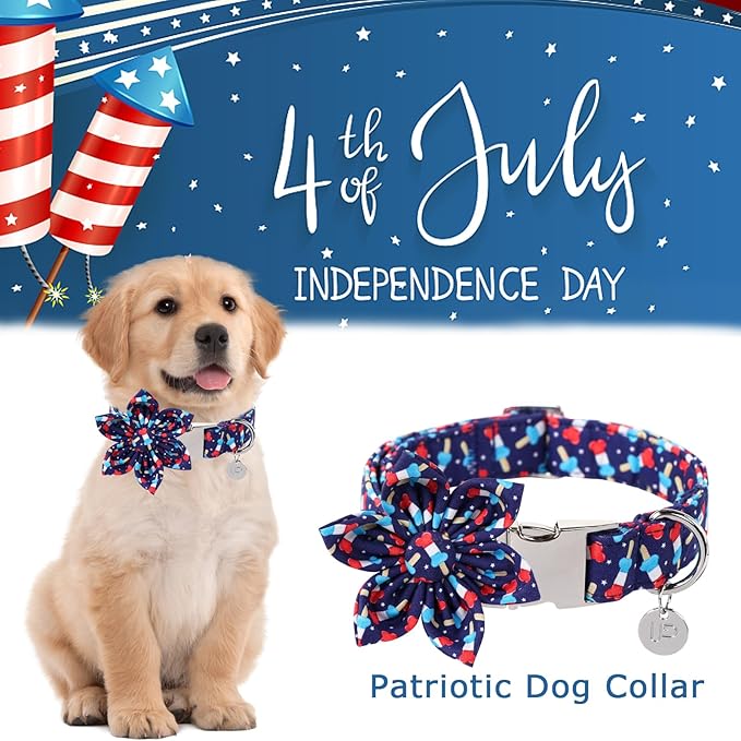 American Flag Dog Collar with Flower, 4th of July Comfortable Cotton Cute Dog Collar with Metal Buckle, Patriotic Flower Collar for Puppy Girl Boy Dog, M
