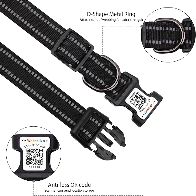 Dog Collar with QR Code, Reflective Dog Collar, Soft Neoprene Padded & Safety Locking Buckle Adjustable Pet Collar (Black, M-with Airtag Holder)