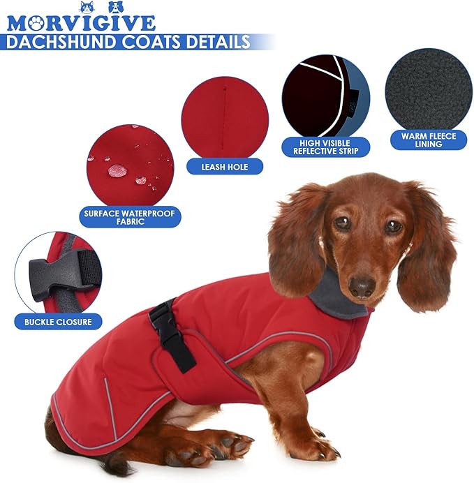 Windproof Waterproof Dog Coat for Dachshund -Red,XSmall- Miniature Dachshund Clothes, Small Dog Coat with Harness Built in, Reflective Dachshund Jacket with Adjustable Buckle Closure
