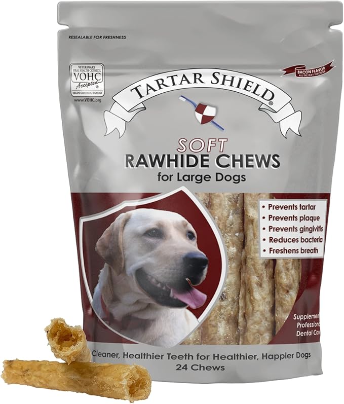 Tartar Shield Soft Rawhide Chews | Safe Dental Treats for Large Dogs | Vet VOHC Approved | Daily Bone Cleans Teeth & Gums Fresh Breath Oral Health Support | USA Made | (Large Dogs / 24 Count)