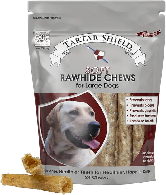 Tartar Shield Soft Rawhide Chews | Safe Dental Treats for Large Dogs | Vet VOHC Approved | Daily Bone Cleans Teeth & Gums Fresh Breath Oral Health Support | USA Made | (Large Dogs / 24 Count)