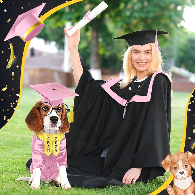 5 Pcs Dog Graduation Costume Set Include 2025 Pet Graduation Gown with Stole Puppy Grad Cap Lensless Glasses DIY Letter Stickers for Dogs Cats Holiday Costume Accessory(Pink Yellow,M)