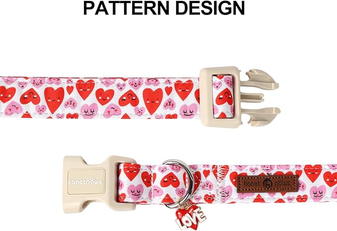 Lionet Paws Valentine's Dog Collar- Cute Pink Wink Heart Dog Collars with Plastic Buckle, Light Adjustable Dog Collars for Small Medium Dogs