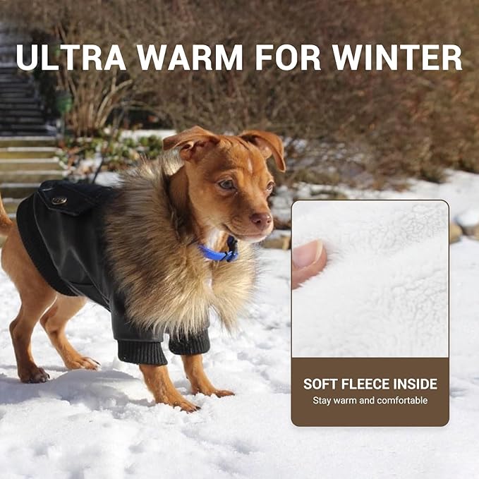 LESYPET Dog Leather Jacket for Small Dogs, Small Dog Jacket Puppy Coat Double Layer with Warm Fleece Lined, Black