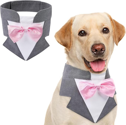 AOFITEE Formal Dog Tuxedo, Large Dog Wedding Bandana Collar with Bow Tie, Adjustable Birthday Costume Valentines Outfits, Bowtie for Large Party Tux Wedding Outfit, Grey L