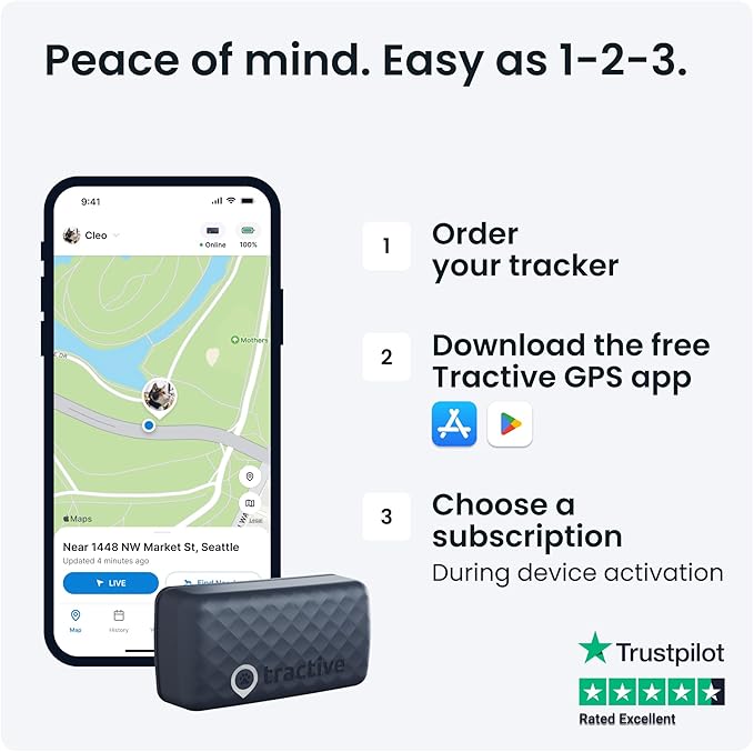 Tractive GPS Cat Tracker (6.5 lbs+), Real-time Pet Location Tracker, Health & Wellness Alerts, Battery Life Up to 7 Days, Breakaway Cat Collar Included (Dark Blue)