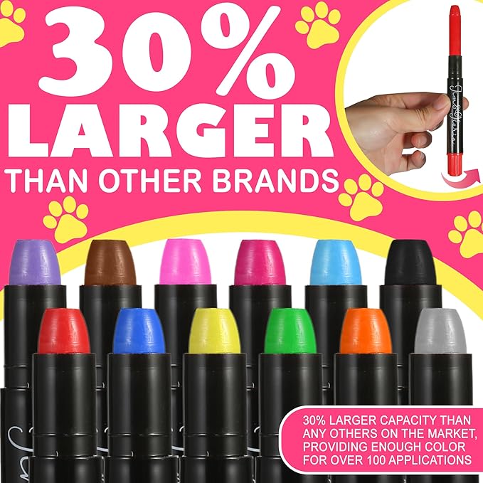 Jim&Gloria Washable Dog Hair Dye Markers, Pet Safe Grooming Kit, Temporary Fur Paint Animal Pens for Small to Large Boy and Girl Puppy Stuff Accessories, Birthday Gifts to Cat Lovers Set of 12 Color