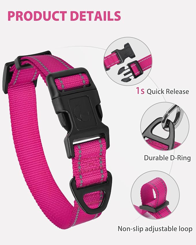 Joytale Small Dog Collar, Reflective and Adjustable Nylon Collar with Quick-Release Buckle, Lightweight No-Choke Design for Small Dogs, Hotpink, 3/4" Width