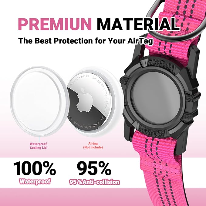 AirTag Dog Collar and Leash, IP68 Waterproof Integrated with Reflective, Ultra-Durable, Comfortable Padded, Heavy Duty Dog Collars for Small Medium Large Dogs, M (12.6"-17.1"), Pink