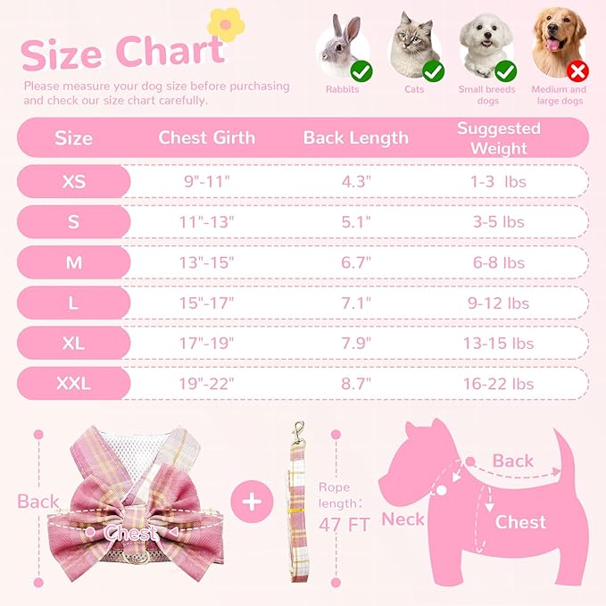 Cute Dog Harness and Leash Set with Bow Tie Soft Mesh Plaid Girl Puppy Harness No Pull Pet Cat Dog Vest Harness for Small Dogs Chihuahua Rabbit Outfit (Pink,L)