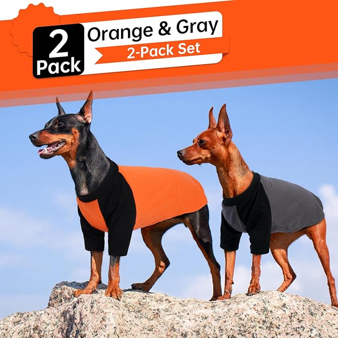 2 Pack Dog Shirts Pet Tshirt with Sleeves Soft Tank Top for Sensitive Skin Sun Protection, Breathable & Stretchy Dog Clothes for Small to Large Dogs Lightweight Summer Pet Outfit, Grey+Orange