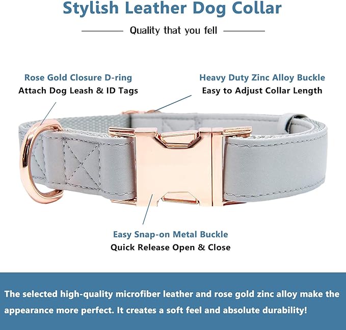 Soft Leather Dog Collar and Leash (6.6') Set - Stylish Rose Gold Heavy Duty Metal Buckle, 4 Adjustable Lengths Leash for Small Medium Large Dogs - Comfortable & Easy to Clean Grey M(13.8"-19.7")