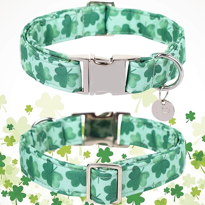 St. Patrick's Dog Collar, Cotton St. Patricks Clover Collar for Puppy Girl Boy Dog or Cat, Lucky Shamrock Dog Collar with Metal Buckle, Green, Spring, XS