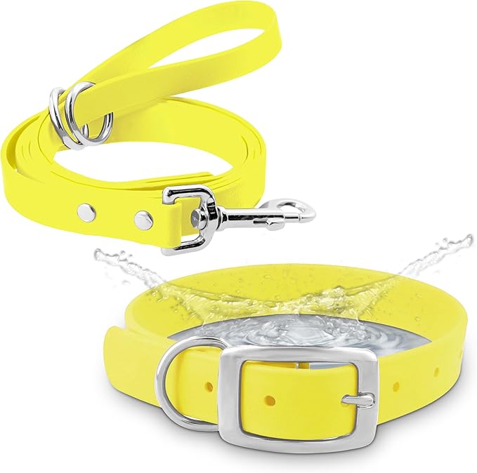Regal Dog Products Small Yellow Waterproof Dog Collar and Leash Set | Heavy Duty Double Buckle & D Ring - 5'ft Leash | Adjustable Biothane Dog Collar | Chew Resistant Waterproof Collar for Dogs