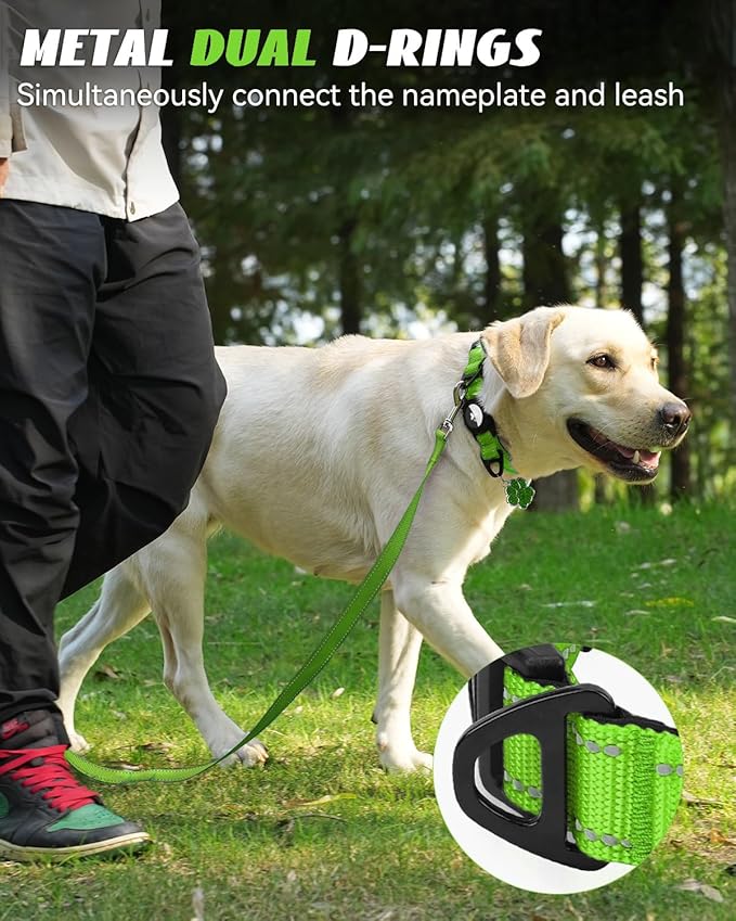 Joytale Airtag Dog Collar, Dual D-Rings, Reflective Pet Collar with Waterproof AirTag Holder, Soft Padded Adjustable for Medium Dogs, Green, M