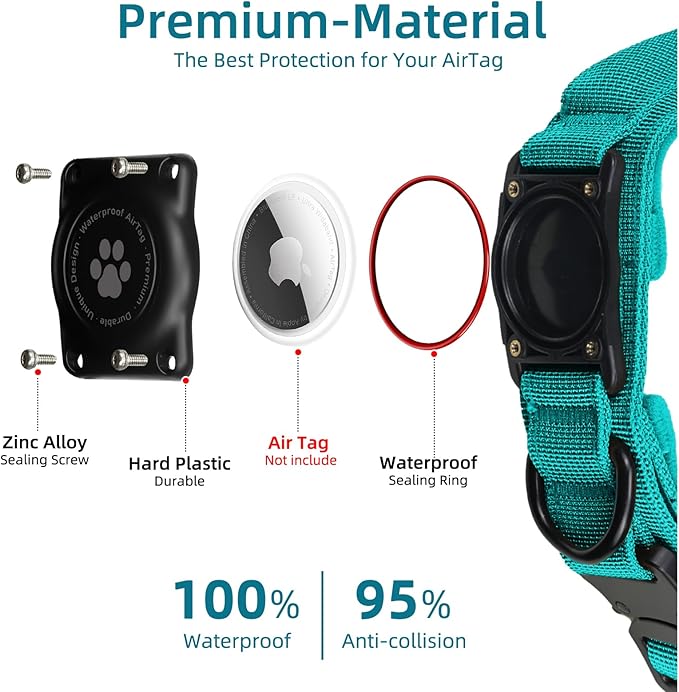 Tactical AirTag Dog Collar, 100% Waterproof Integrated Apple Air Tag Dog Collars with Hard PC AirTag Holder, Adjustable Military Collar with Handle, GPS Dog Collar for Medium Large Dog (Blue, M)
