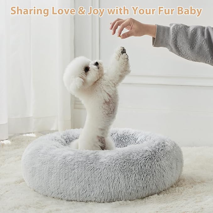 WNPETHOME Calming Dog Bed Cat Bed Donut, Faux Fur Pet Bed Self-Warming Donut Cuddler, Comfortable Round Plush Dog Beds (27 x 27 Inch, Light Grey)