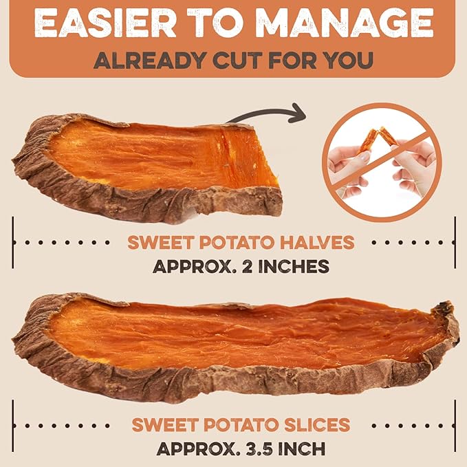 Sweet Potato Slices For Dogs - Half Slices, 2 lbs - Single Ingredient Grain Free Dog Treats, Best High Anti-Oxidant Healthy 100% Natural Thick Cut Dried Sweet Potato Dog Treats, No Added Preservatives