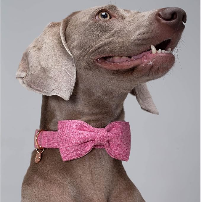 DOGWONG Hemp Cotton Dog Collar with Bow, Pink Pet Collar Durable Adjustable Girl Puppy Collar for Small Medium Large Dogs