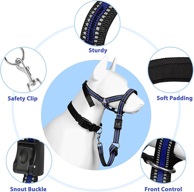 BARKLESS Soft Dog Head Collar, Patented Padded No Pull Head Halter, Training Nose Leash with Safety Link for Medium Large Dogs, Adjustable Muzzle Leash, Easy Control for Walking(Blue, M)