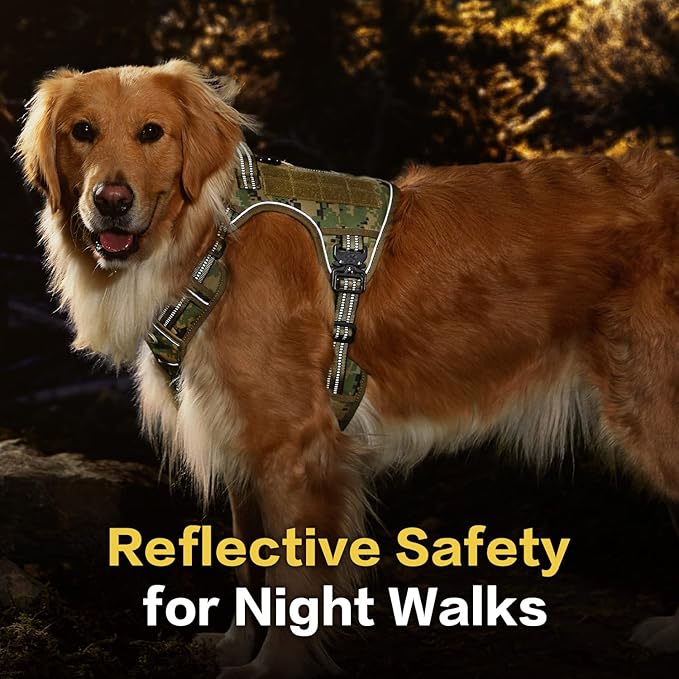 PawsPassion Tactical Dog Harness for X-Large Dogs, Chew-Proof Metal Hardware, Heavy Duty No Pull Dog Harness, Reflective Strips, Adjusting Ring, MOLLE System, Hook and Loop Panel (Forest Recon, XL)