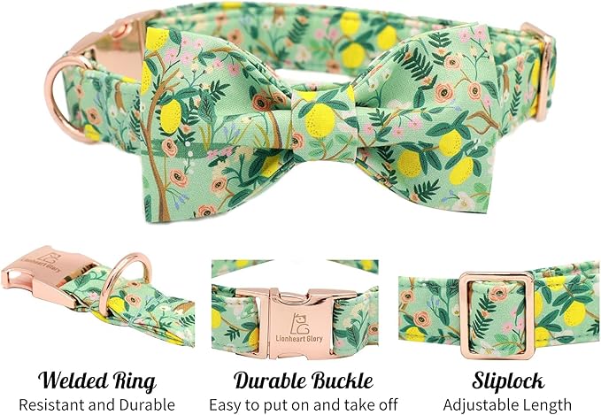 Lionheart glory Premium Floral Dog Collars, Bowtie Dog Collar, Adjustable Heavy Duty Girl Dog Collar with Bow for Medium Dogs