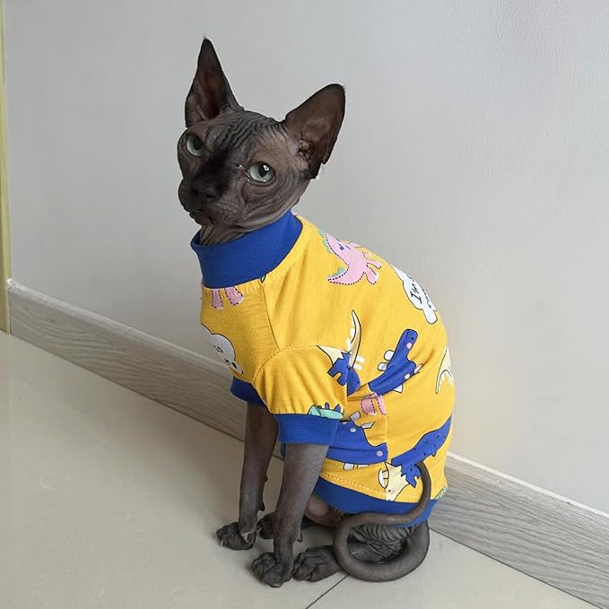 Sphynx Hairless Cat Cute Summer Cotton T-Shirts Pet Clothes,Round Collar Kitten Shirts Cats Apparel (Dinosaur, S (3.3-4.4 lbs))