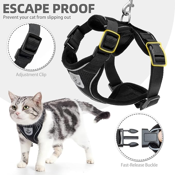PUPTECK Cat Harness and Leash Set Escape Proof Reflective Cat Walking Harness Adjustable Soft Breathable Mesh Vest for Small Pets, Black, L
