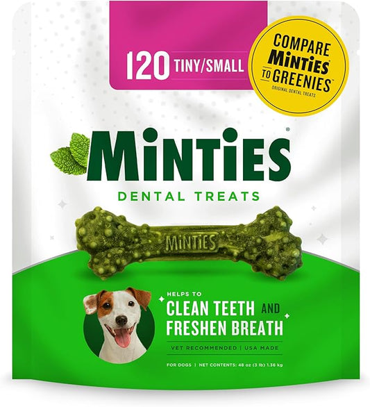 Minties Dental Chews for Dogs, 120 Count, Vet-Recommended Mint-Flavored Treats for Tiny/Small Dogs 5-24 lbs, Dental Bones Clean Teeth, Fight Bad Breath, and Removes Plaque and Tartar