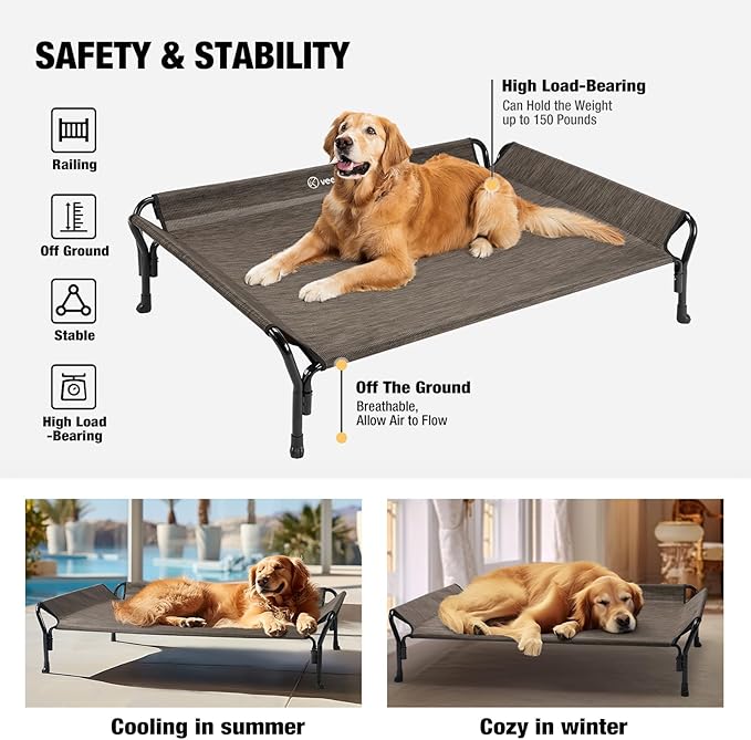 Veehoo Cooling Elevated Dog Bed, XL Raised Pet Cot with Guardrail & Slope Headrest, Durable Breathable Teslin Mesh, Non-Slip Feet, Washable Dog Couch Bed for Indoor & Outdoor, 50.5" x 33.5, Brown