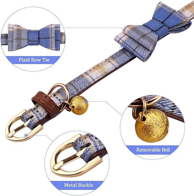3 PCS Puppy Collar and Leash Set Dog Collars for Small Dogs Dog Bow Tie with Bell Puppy Bandana Leather Dog Collar for Small Dogs Puppies and Cats(Blue)