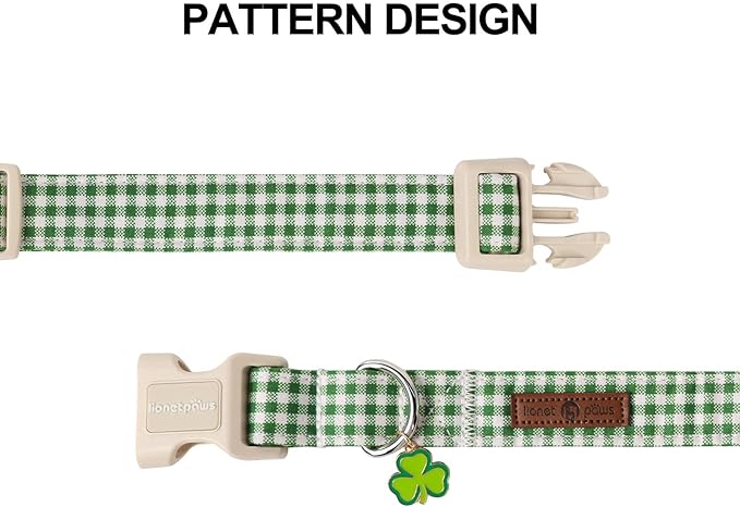 Lionet Paws St. Patrick Dog Collar, Comfortable Adjustable Green Collar with Green and White Grid Pattern for X-Small Male Female Puppies Dogs Collars, Neck 8-12 inches