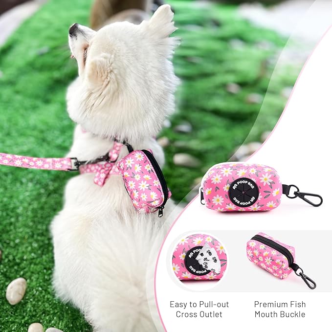 QQPETS Dog Harness Collar Leash with Poop Bag Holder 4 PCS Set, Adjustable No Pull Soft Mesh Padded Vest for Small Medium Large Pet Puppy Outdoor Walking (Daisy Pink, S (Chest 16.1”-22”))