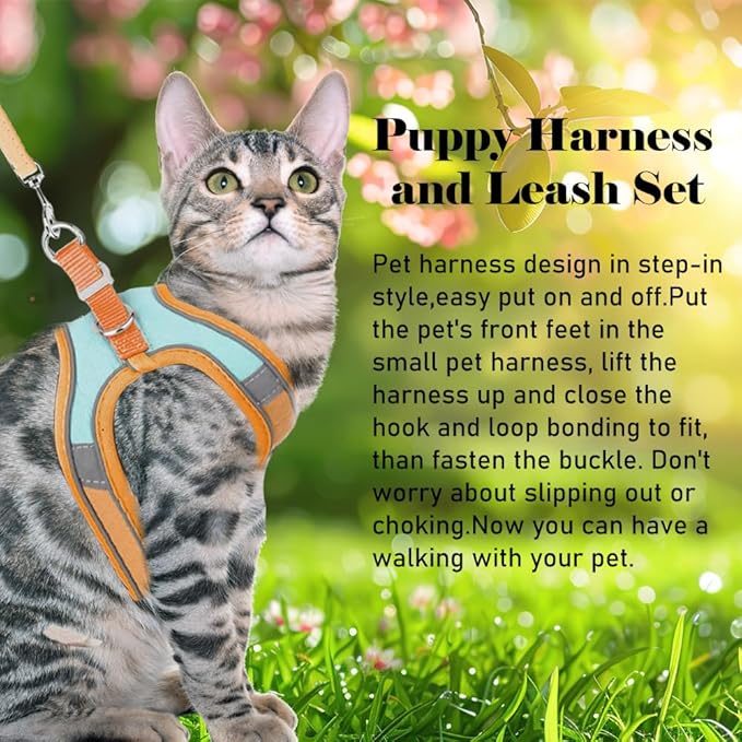 Cat Harness and Leash Escape Proof Adjustable Cat Leash Breathable Cat Vest Harness with Reflective Strips for Small Kitten Puppy Rabbit Orange and Blue (s)