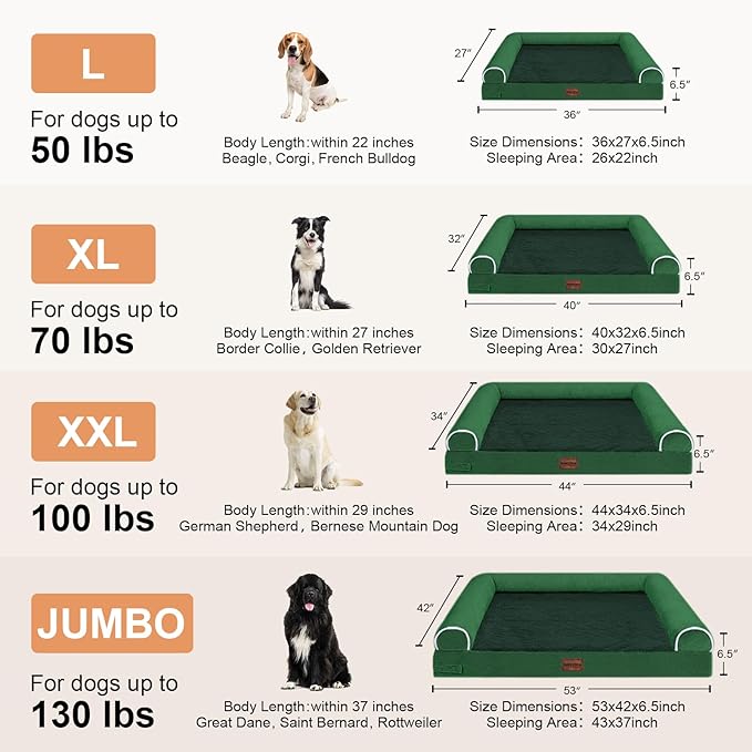 Large Dog Bed Orthopedic Washable: Jumbo Dog Bed Bolster Extra Large Dogs Egg Crate Foam Sofa Couch Waterproof Removable Cover - Emerald