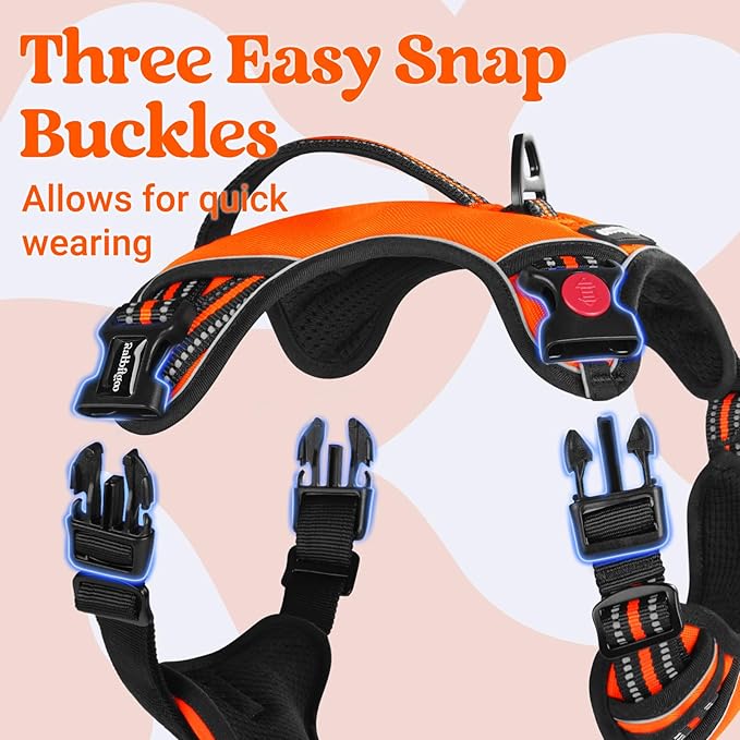 rabbitgoo Dog Harness for Large Dogs, No Pull Pet Harness with Soft Padded Handle, Adjustable Reflective Vest with 3 Buckles, Easy Walking Harness with 2 Leash Clips, Orange, M